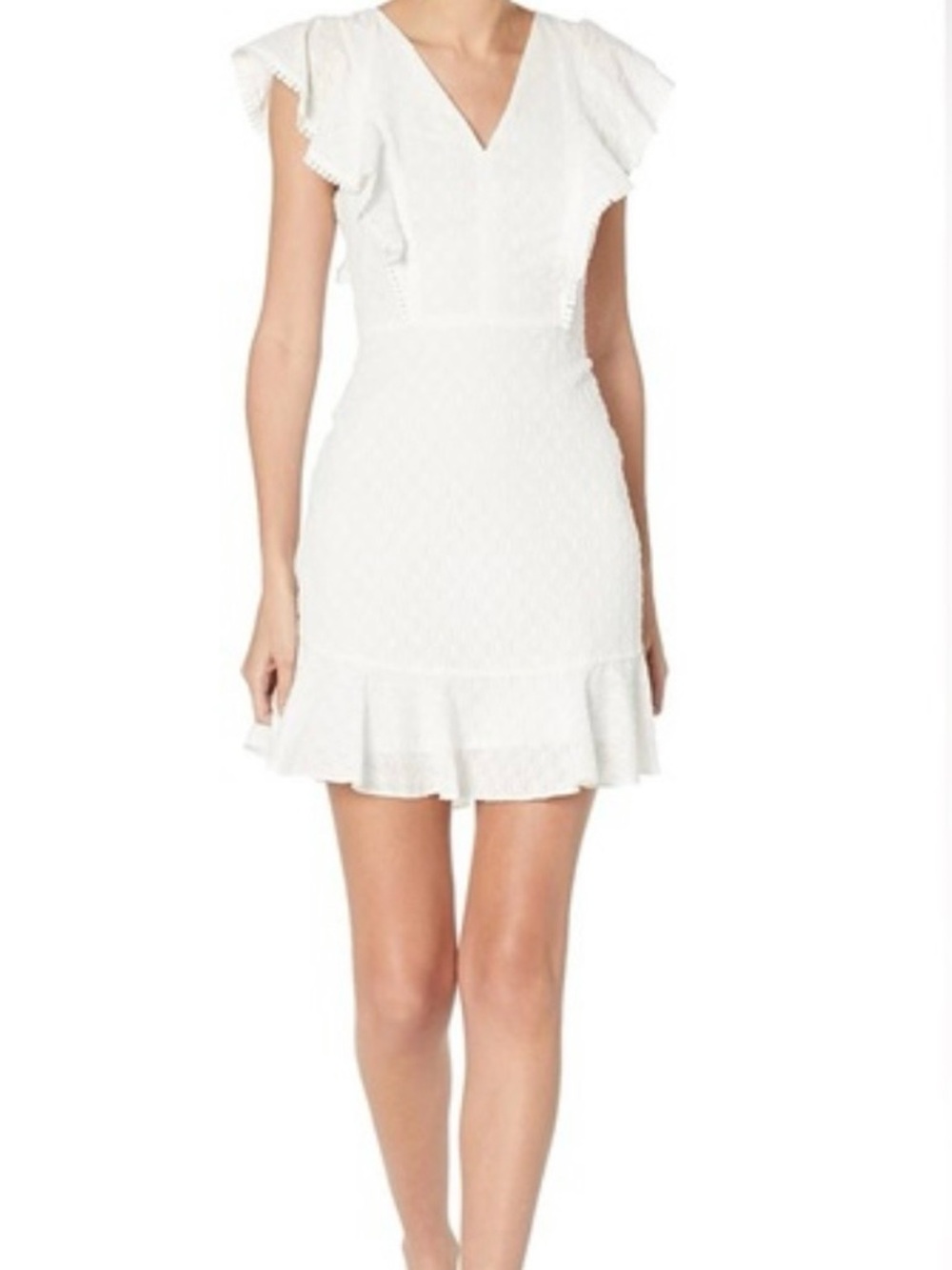BCBGMaxAzria White Ruffle V-Neck Mini Dress
